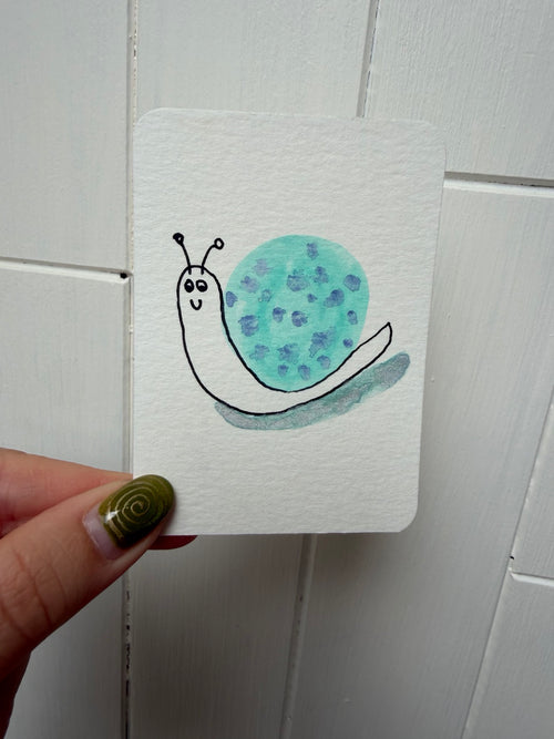 Aqua & Purple Spotted Snail – Original Mini Watercolor & Ink Art
