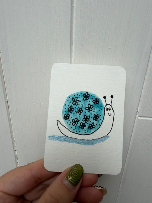 Blue Floral Shell Snail – Original Mini Watercolor & Ink Art