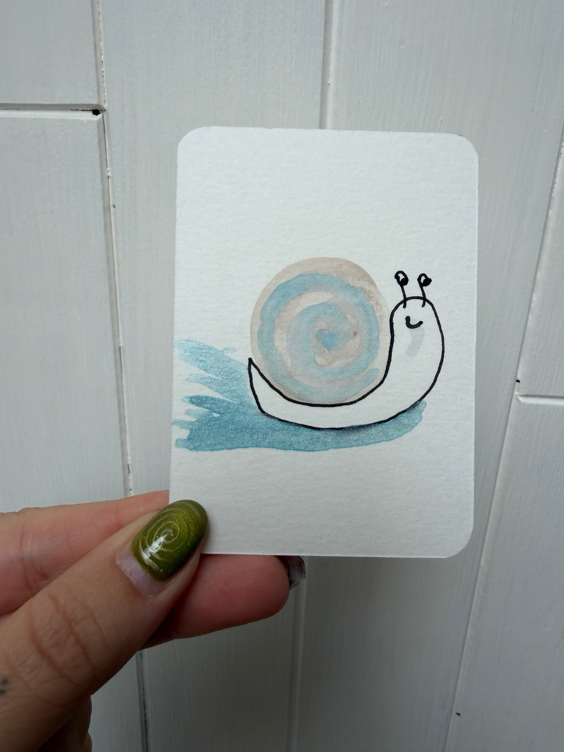 Blue Pastel Snail – Original Mini Watercolor & Ink Art