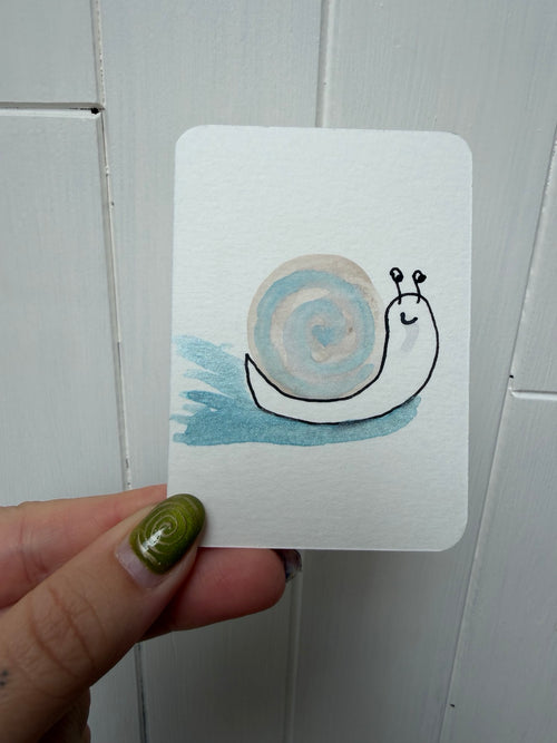 Blue Pastel Snail – Original Mini Watercolor & Ink Art