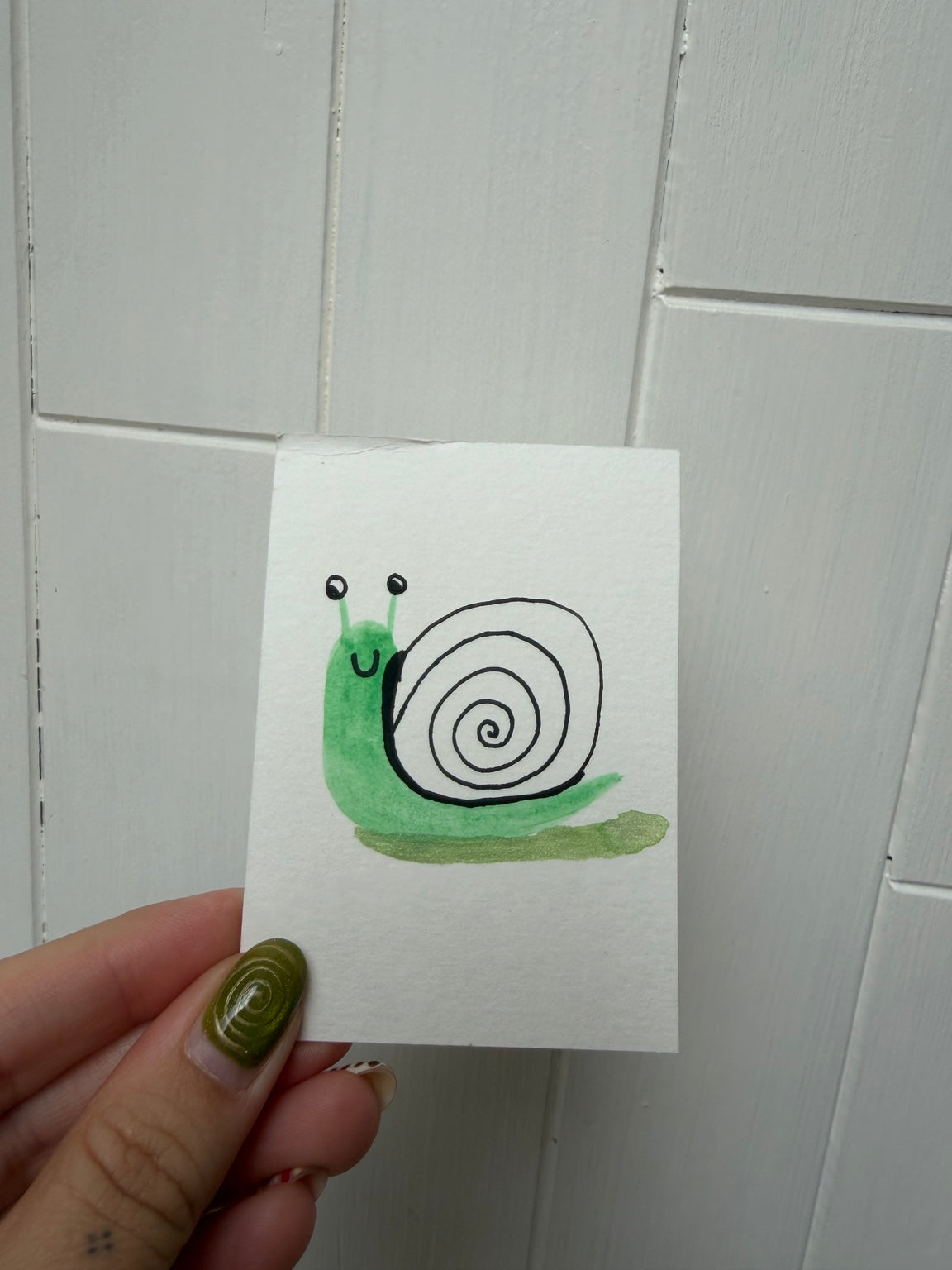 Green Snail – Original Mini Watercolor & Ink Art