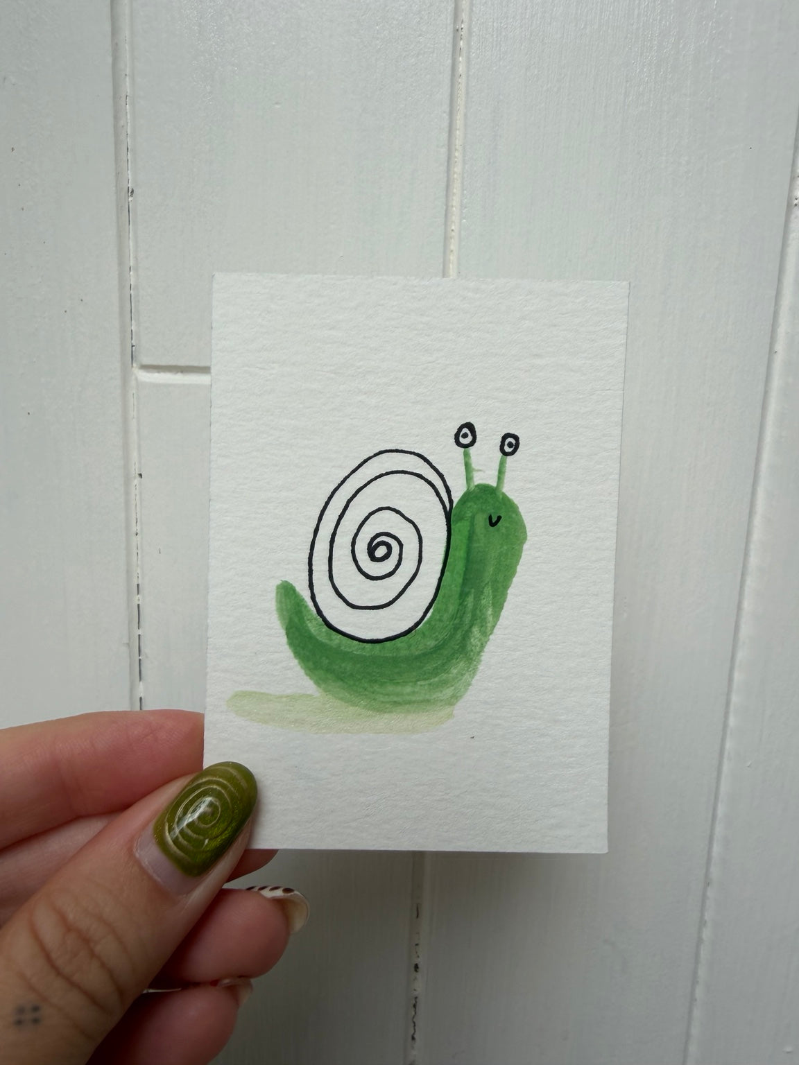 Green Upright Snail – Original Mini Watercolor & Ink Art