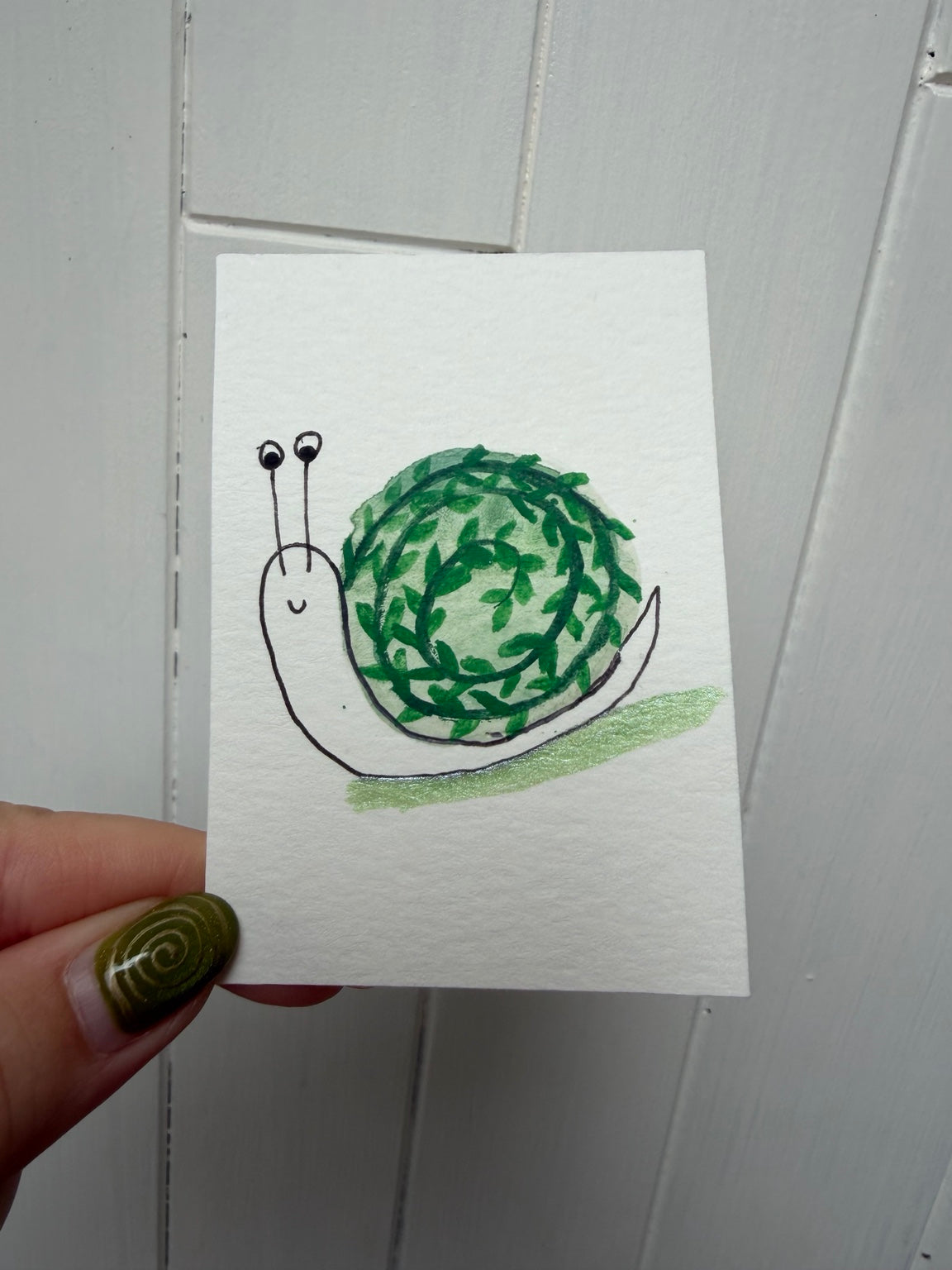 Green Vine Shell Snail – Original Mini Watercolor & Ink Art
