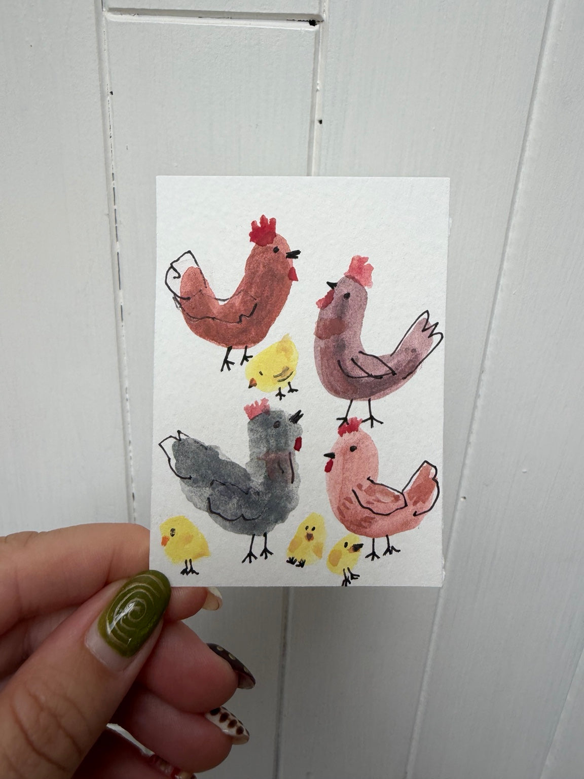 Original 2.5 x 3.5 inch chickens and chicks mini artwork
