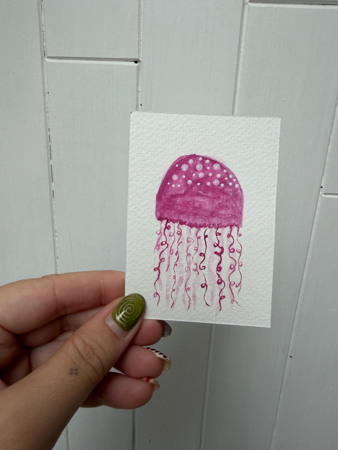 Original 2.5 x 3.5 inch pink jellyfish mini artwork