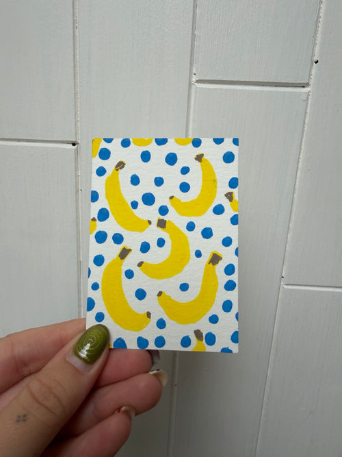 Original 2.5 x 3.5 inch banana pattern with blue dots mini artwork
