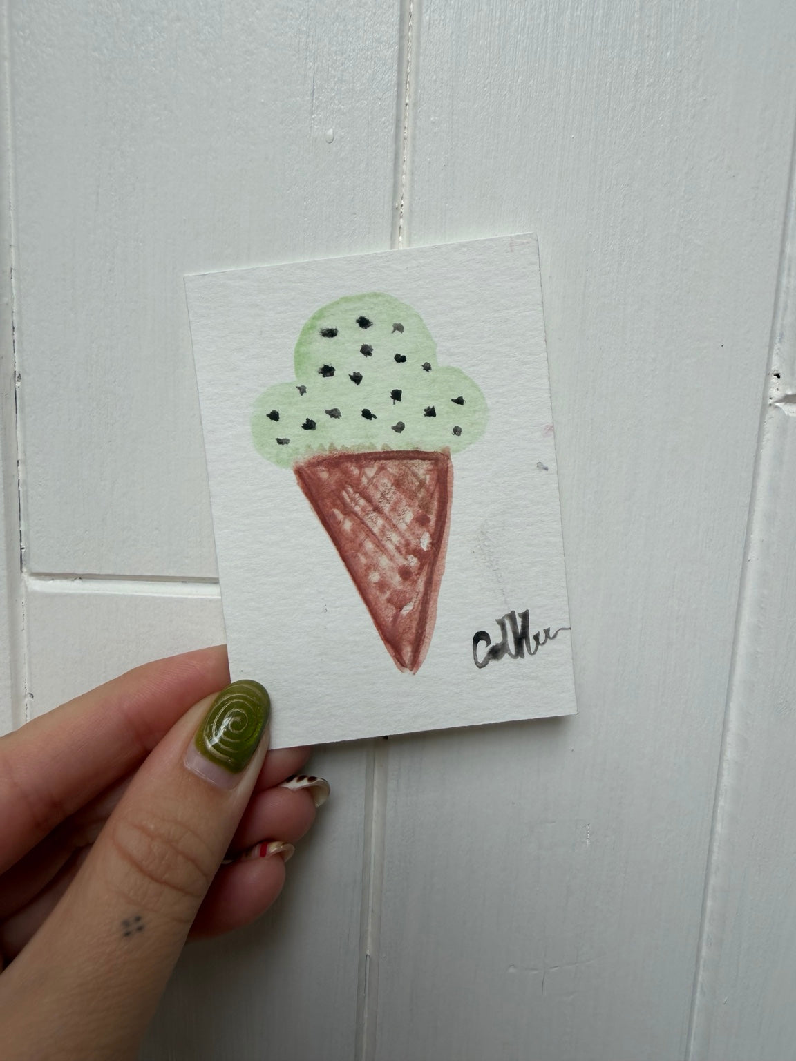 Original 2.5 x 3.5 inch mint chip ice cream cone mini artwork