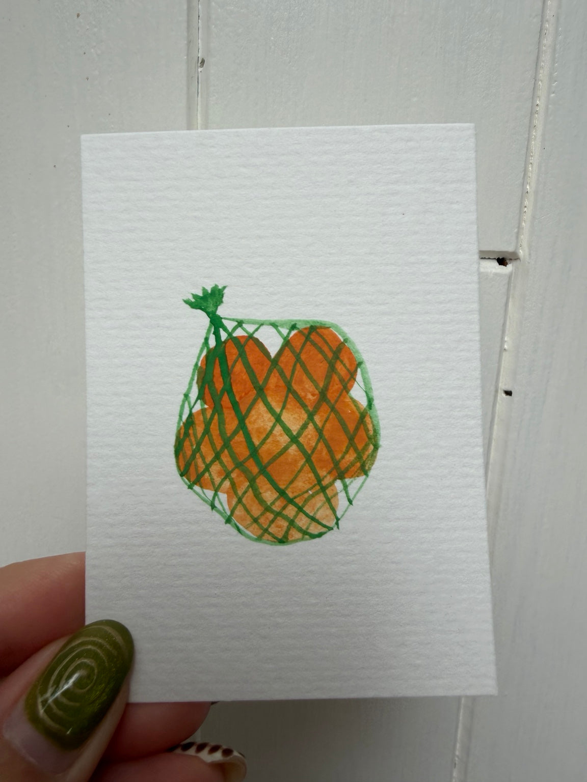 Original 2.5 x 3.5 inch oranges in a net bag mini artwork
