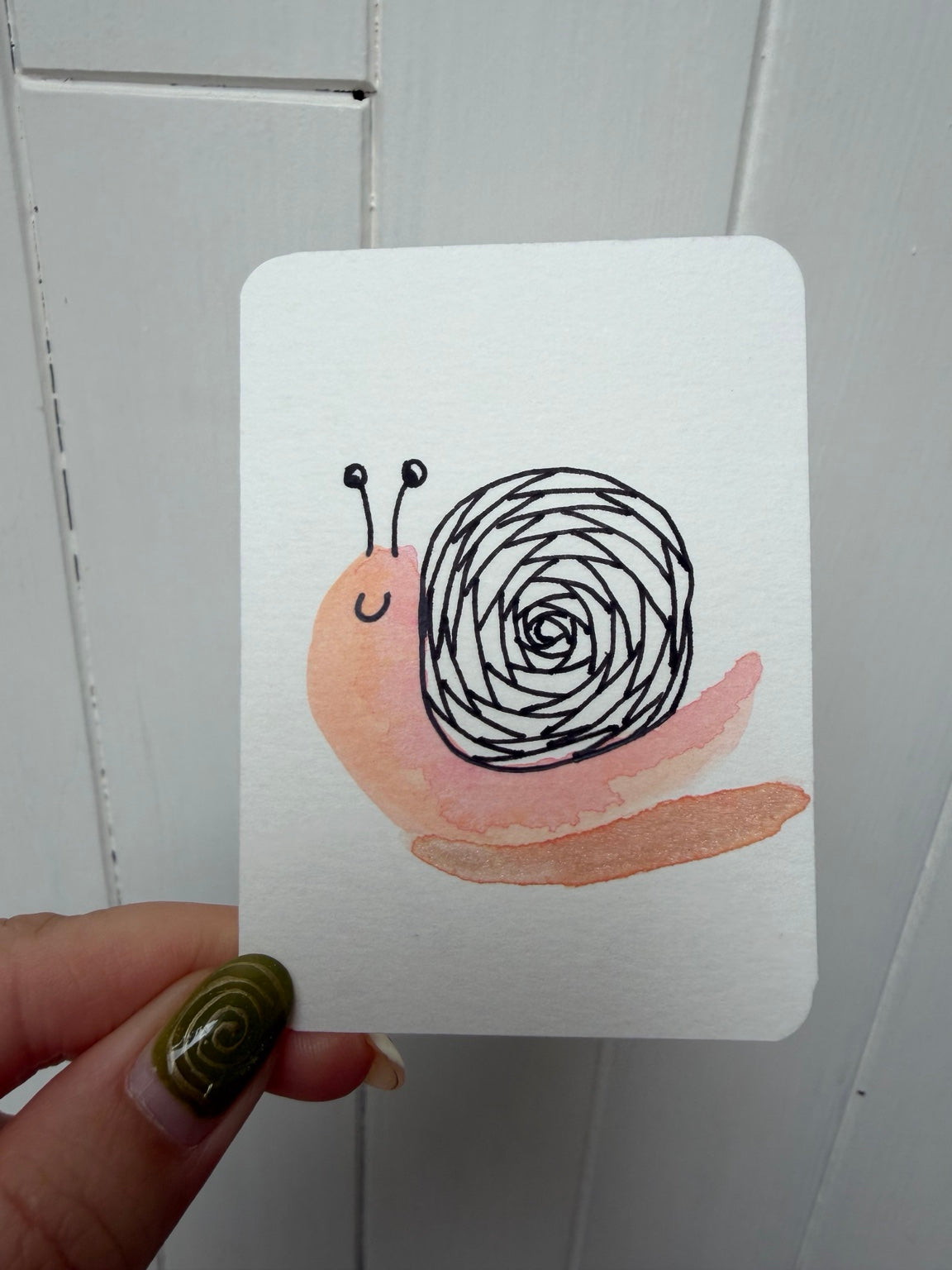 Peach Spiral Snail – Original Mini Watercolor & Ink Art