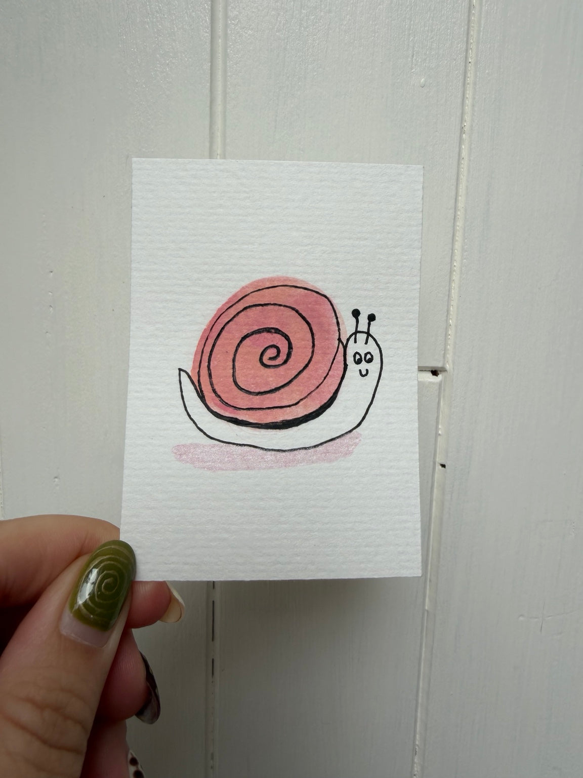 Pink spiral shell snail original mini watercolor and ink art