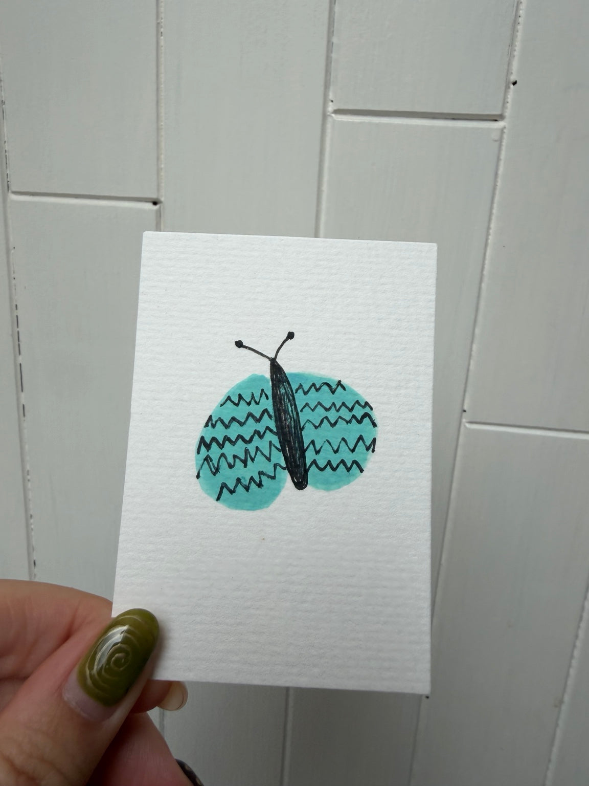 Teal Patterned Moth – Original Mini Watercolor & Ink Art