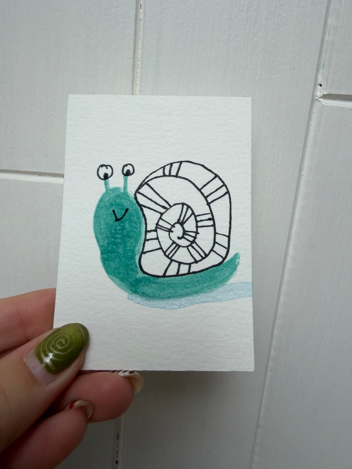 Teal Striped Shell Snail – Original Mini Watercolor & Ink Art