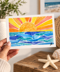 The Setting Sun colorful coastal watercolor art print by Colleen Heath