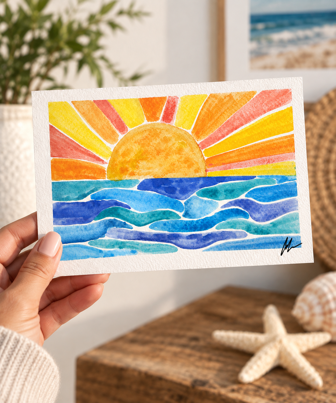 The Setting Sun colorful coastal watercolor art print by Colleen Heath